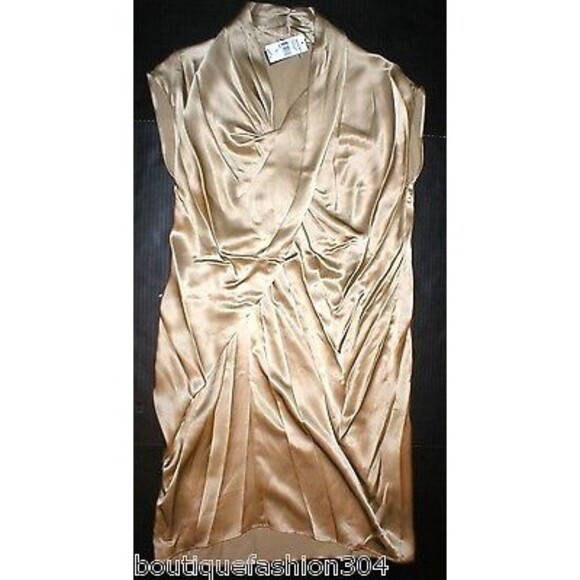 NWT $495 New Designer Josie Natori Womens S Silk Dress Champagne Gold Drape Cros - Picture 1 of 10